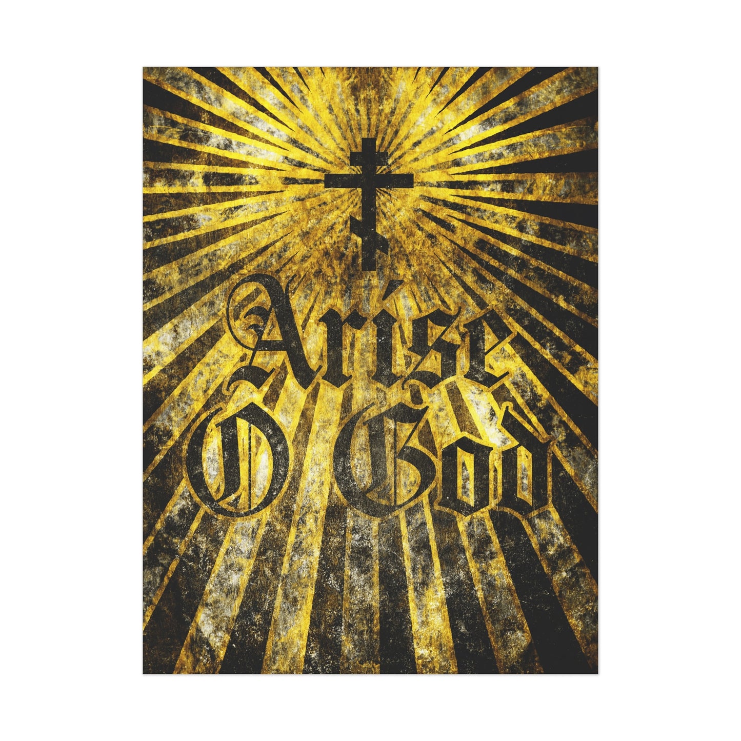 Featuring an Orthodox cross with golden rays and bold Gothic "Arise O God" text, this Psalm 81 (82 LXX) poster reflects the Divine Council worldview in Orthodox Christian art.