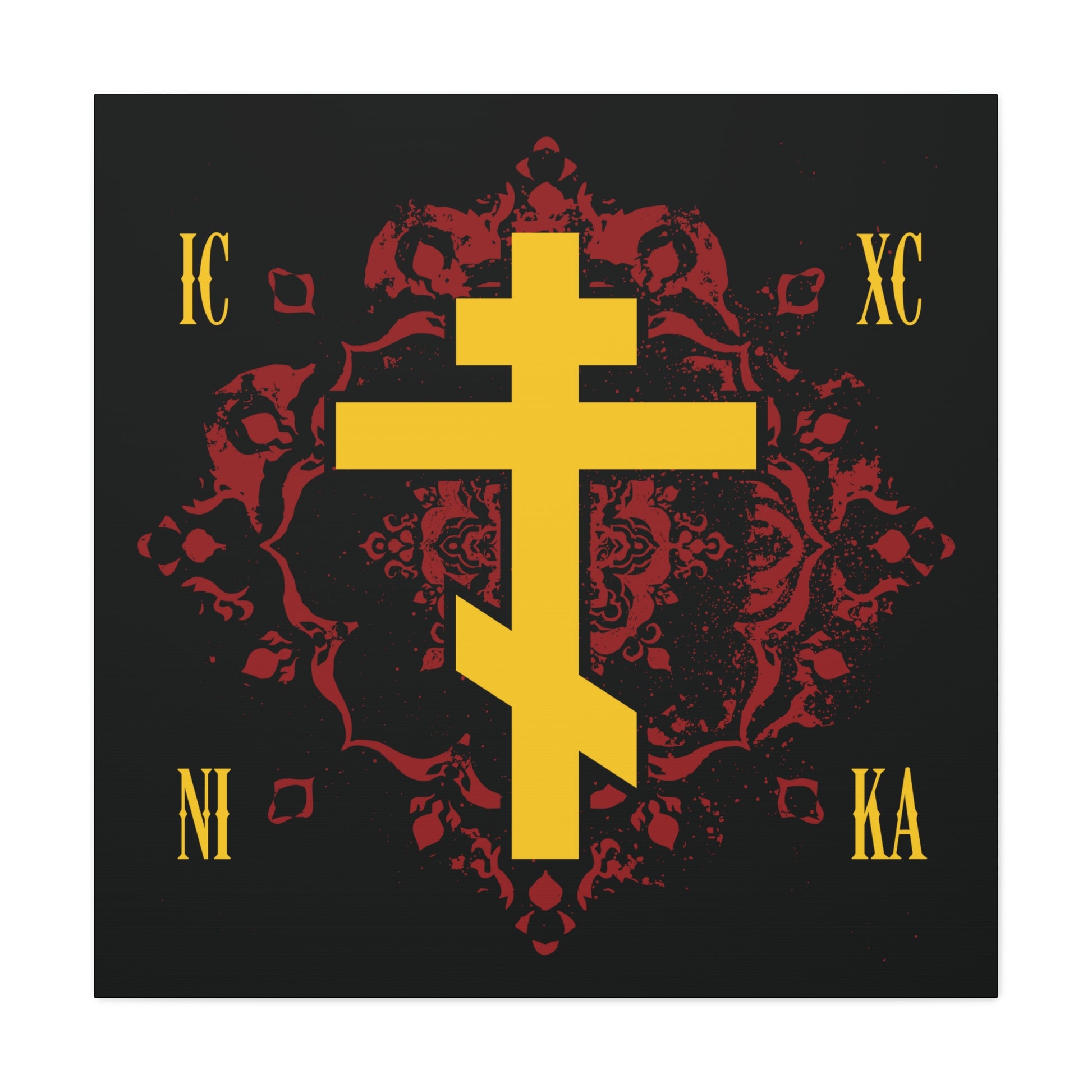 ICXC NIKA Yellow Russian Cross on an ornate red background—Jesus Christ Conquers—Orthodox Christian canvas art, inspired by St Kosmas Aitolos’ teachings on Christ and the grace of sonship.
