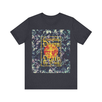 Trampling Down Death By Death | Paschal Floral Design with Gothic Script and Three-Bar Cross | Orthodox Christian T-Shirt