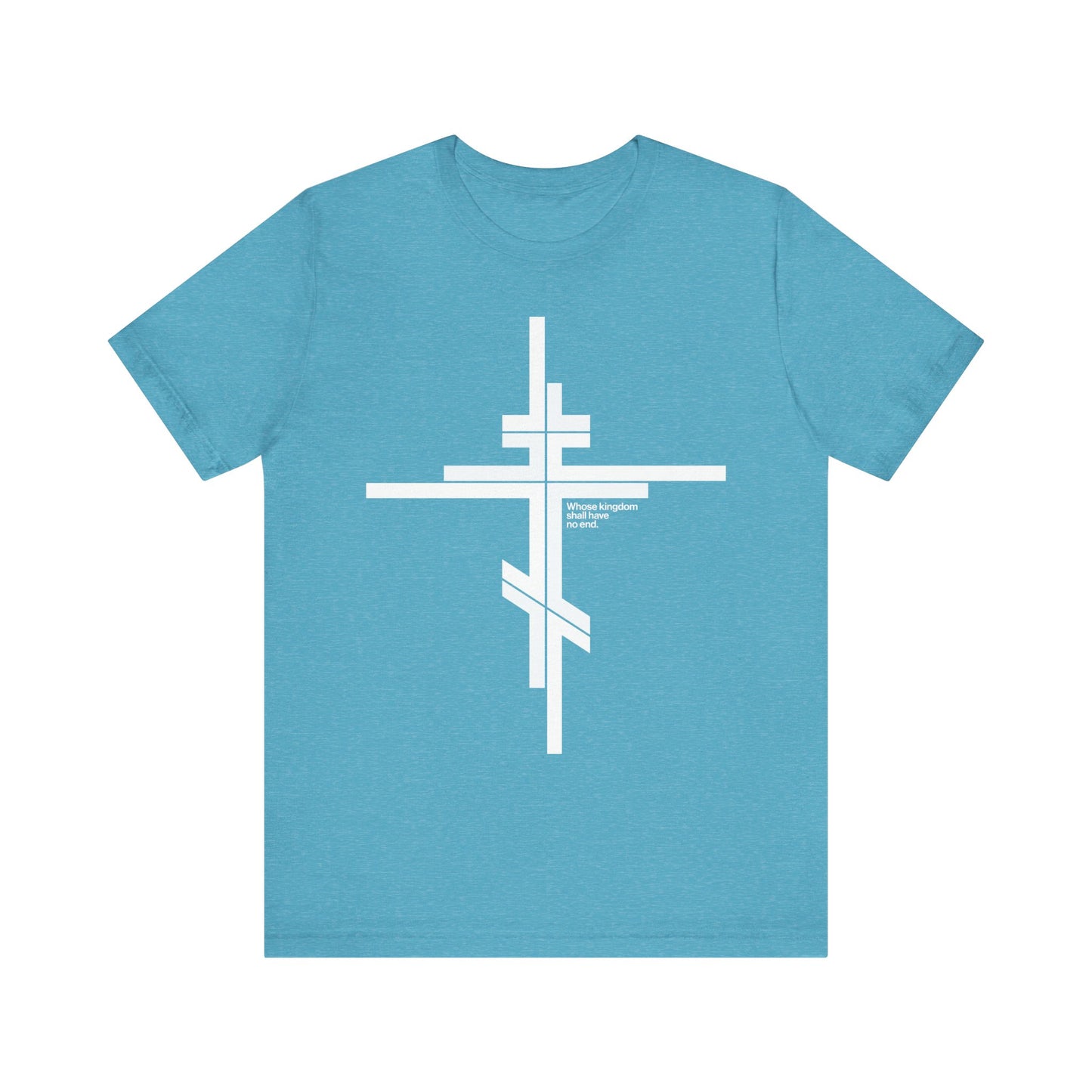 Heather aqua t-shirt featuring a modernist minimalist Orthodox cross logo, inspired by Luke 1:32-33 ("Whose Kingdom Shall Have No End"), with subtle text on the right side of the cross—crafted from lightweight cotton in a unisex fit.