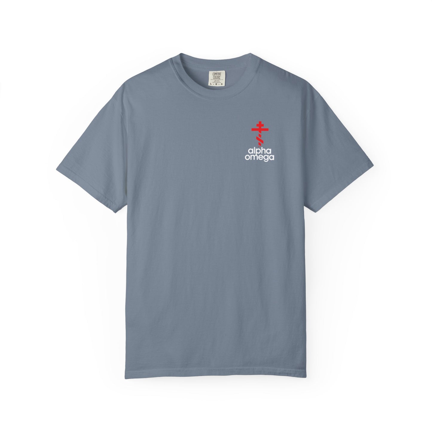 Alpha & Omega Red Orthodox Cross (Small Design) | Minimalist Adidas Inspired Logo Mashup | Christian Heavyweight Cotton Unisex Tee