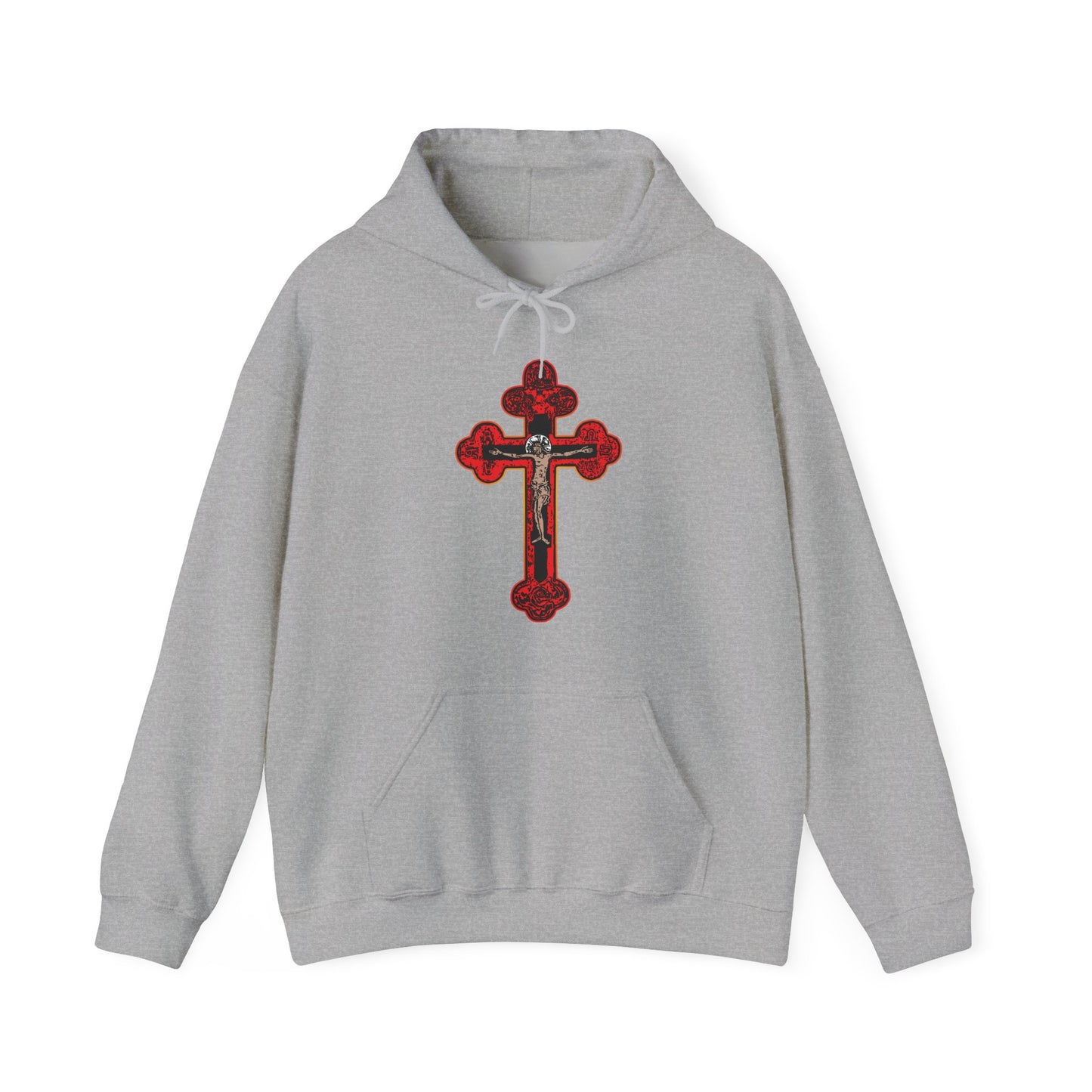 Sport Grey hoodie featuring a bold red and black Byzantine Golgotha Cross with Alpha & Omega, inspired by Isaiah 53:3-5, from the Red Orthodox Christian Crucifix collection. Displayed on a white background.