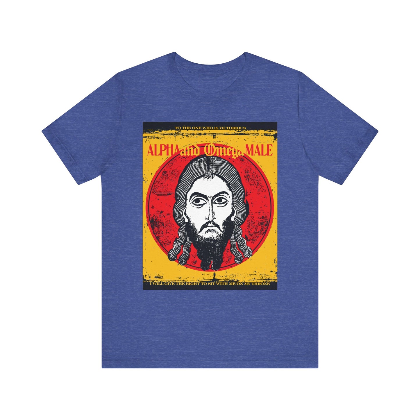 Heather True Royal unisex tee with IkonoGraphic Jesus Christ (Image of Edessa), "Alpha & Omega Male" text, and "To the One Who Is Victorious"; inspired by Christian Orthodox resurrection themes.