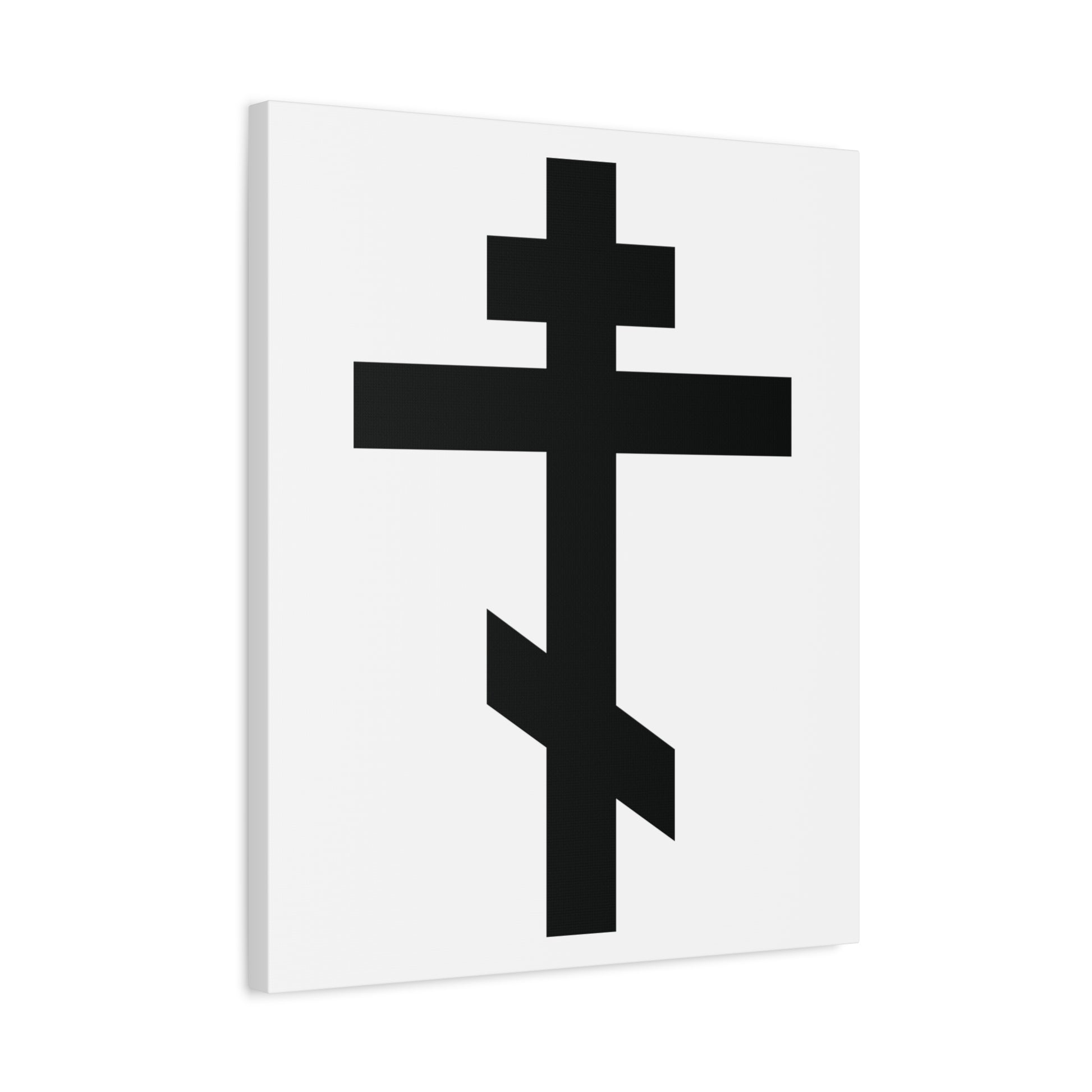 The "Black Orthodox Cross White Background" canvas art features a striking black cross and the words from Galatians 6:14: "May I never boast, except in the cross of our Lord Jesus Christ." Perfect for those who value Orthodox Christian symbolism.