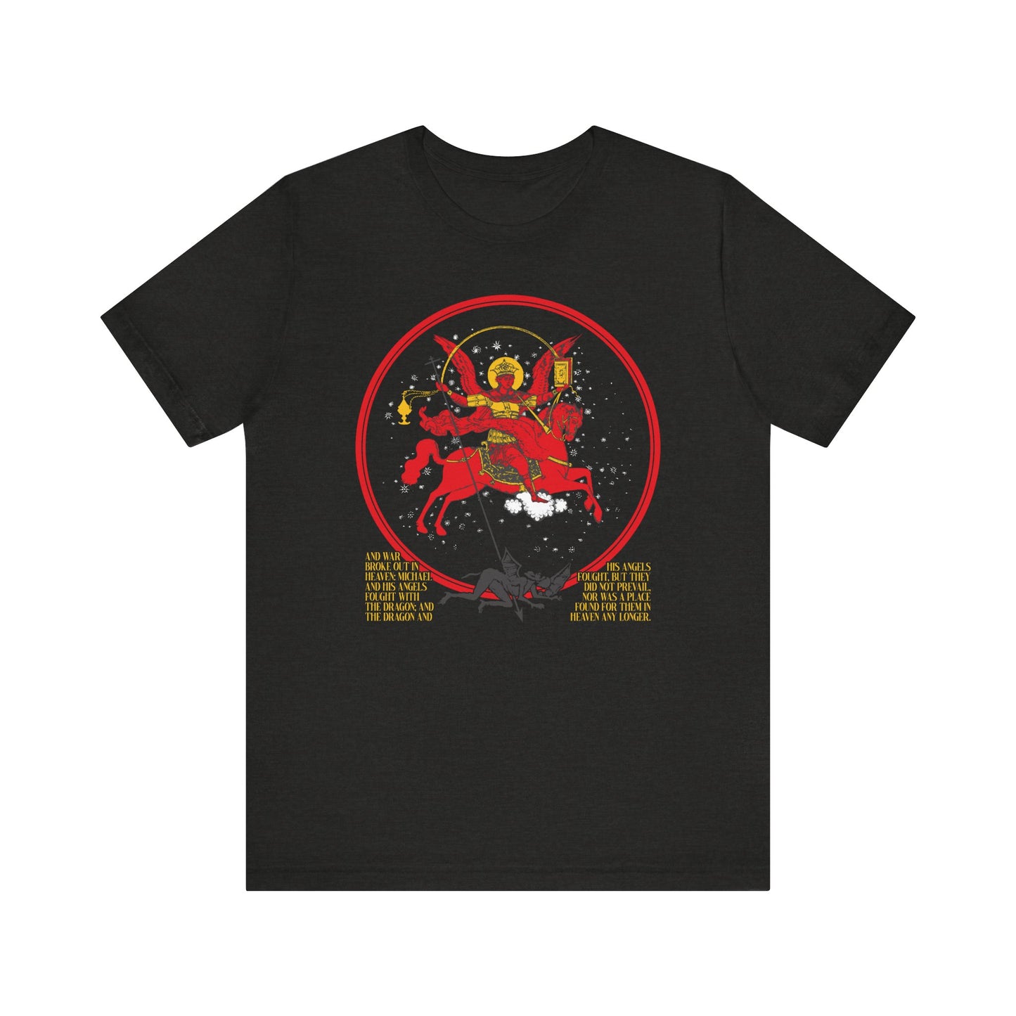 Black Heather t-shirt featuring a red iconographic image of Archangel Michael defeating a dragon, inspired by Revelation 12:7-9, with bold yellow text. "Archangel Michael of the Apocalypse" double-sided design; lightweight cotton, unisex fit.