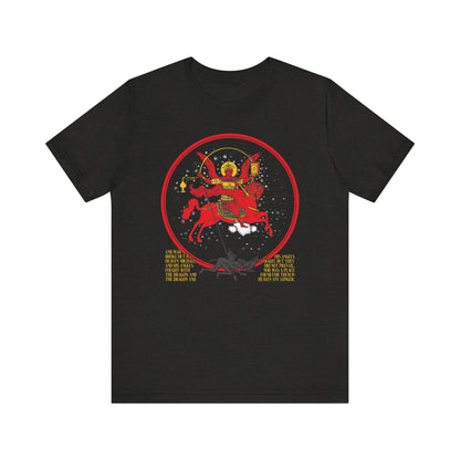 Black Heather t-shirt featuring a red iconographic image of Archangel Michael defeating a dragon, inspired by Revelation 12:7-9, with bold yellow text. "Archangel Michael of the Apocalypse" double-sided design; lightweight cotton, unisex fit.