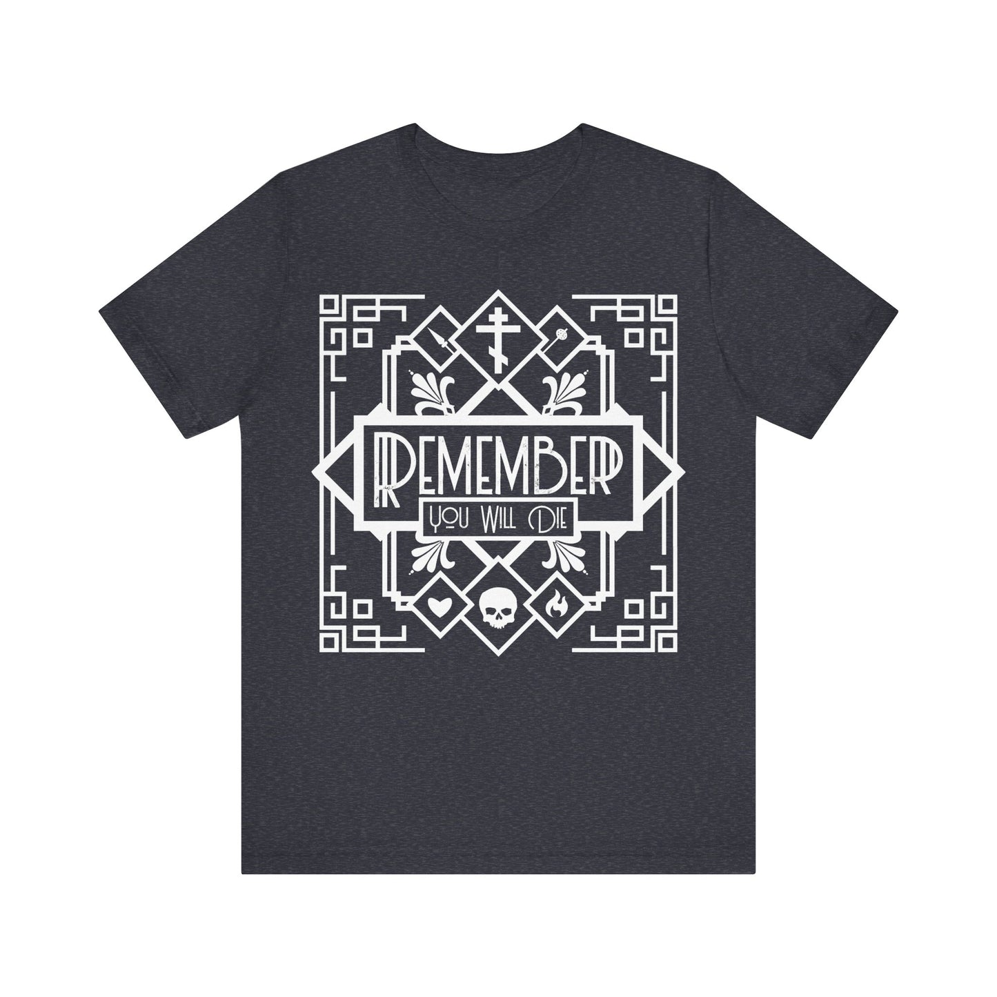 Heather navy unisex tee featuring bold white art deco line art—skull, heart, fire—and the phrase “Remember You Will Die,” inspired by Orthodox Christian memento mori tradition.