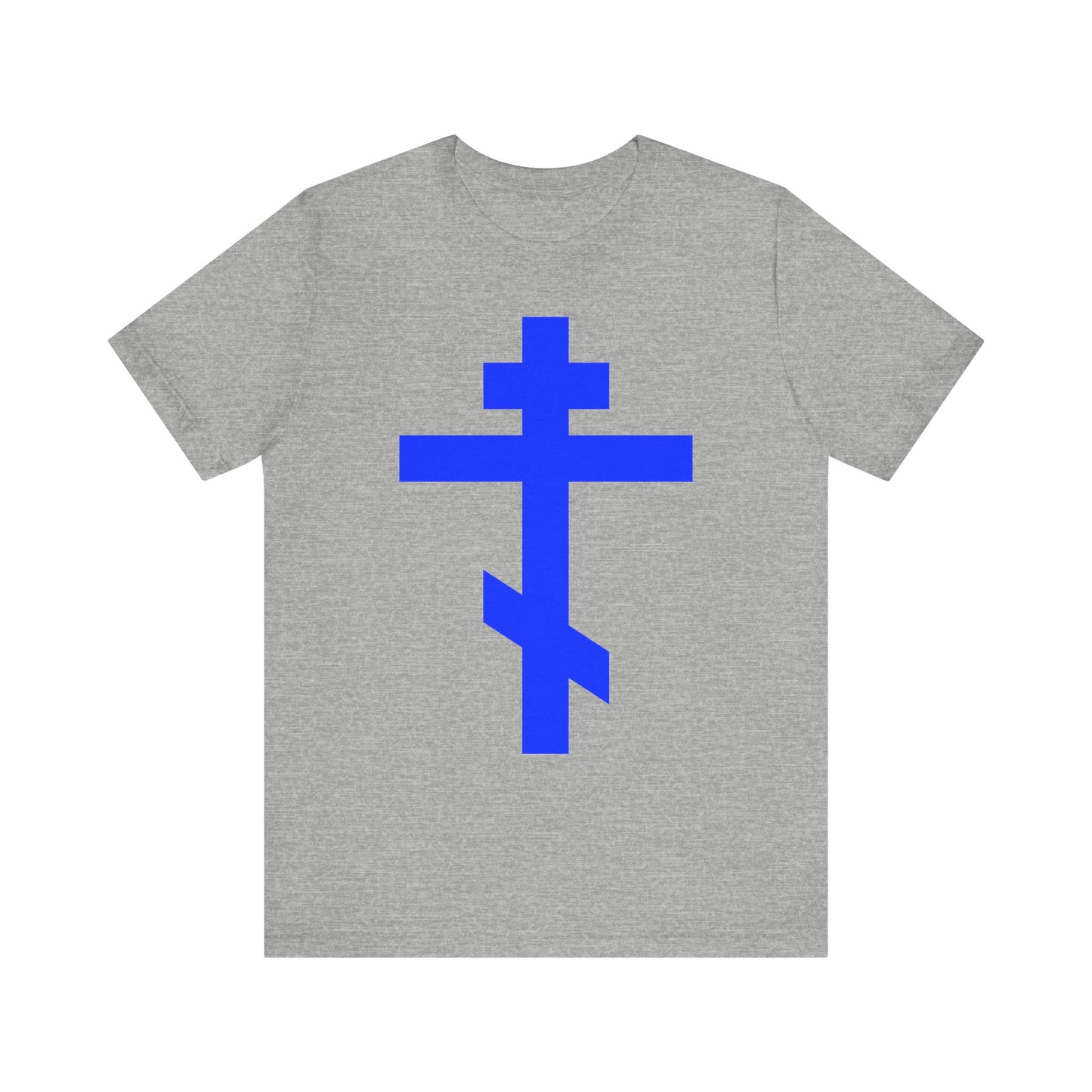 Athletic Heather t-shirt featuring a large royal blue Orthodox tribar cross design on the front with the inscription "Preserve Thy People By Thy Cross, O Lord"—a symbol of Christ is King and the Lord’s gift of salvation.