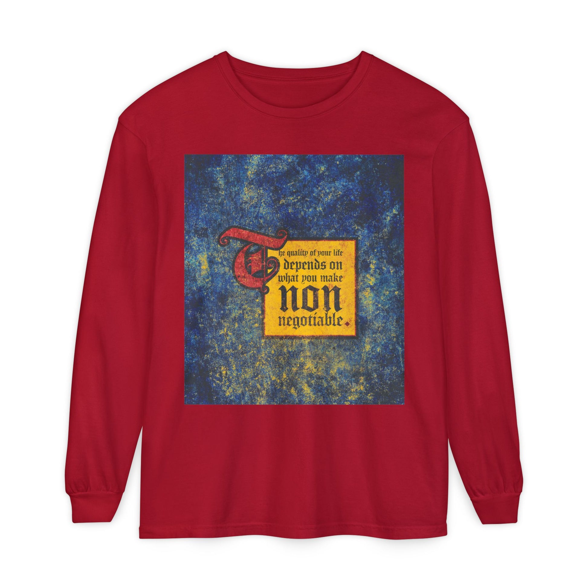 Red long sleeve featuring a bold square graphic and the message: "The Quality of Your Life Depends on What You Make Non-Negotiable." Uncompromising Christianity, motivational Orthodox Christian apparel.