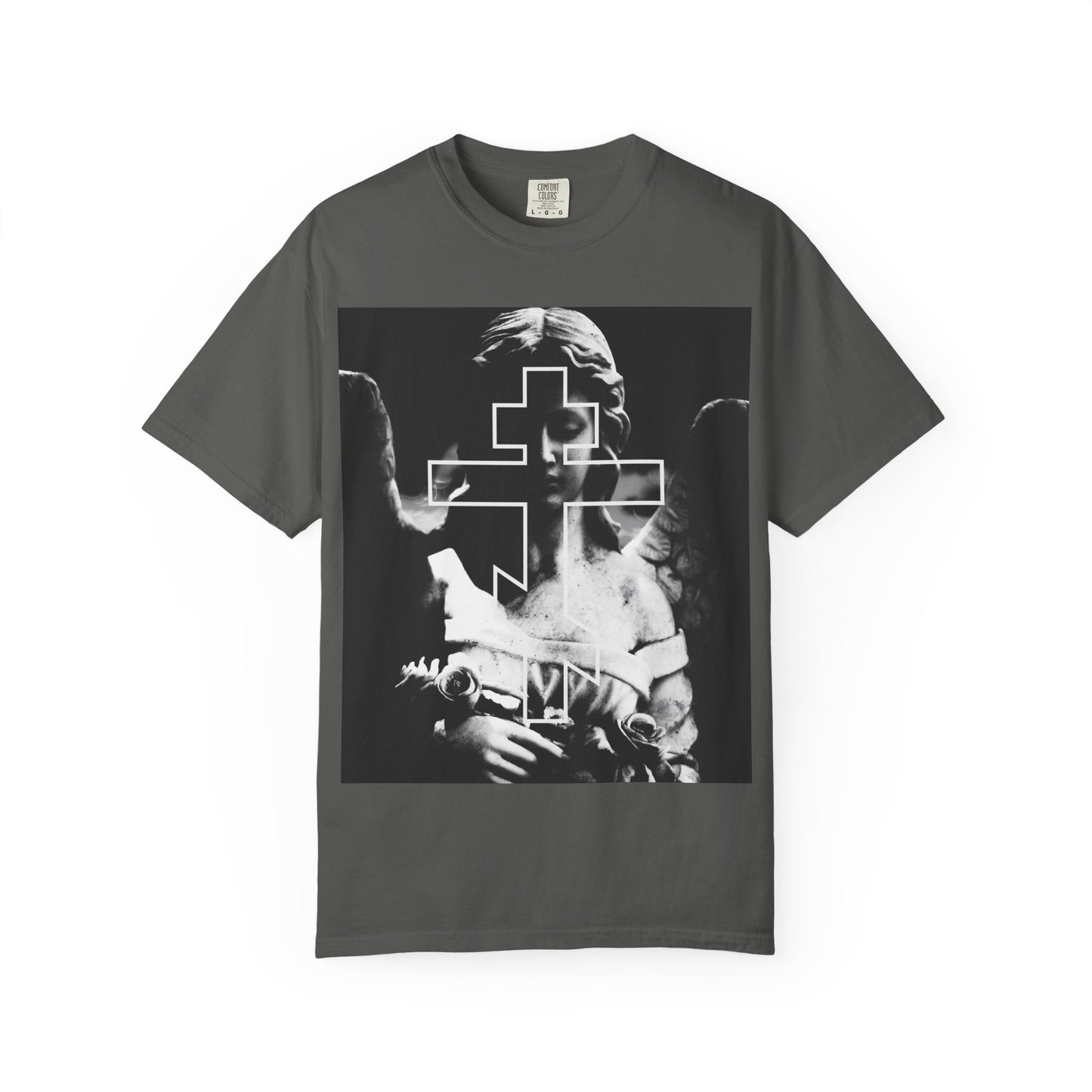 The Cemetery Angel Orthodox Cross tee in Pepper features a grayscale goth angel image with a bold double cross, symbolizing holy angels and memento mori. Made from heavyweight cotton for a unisex fit.