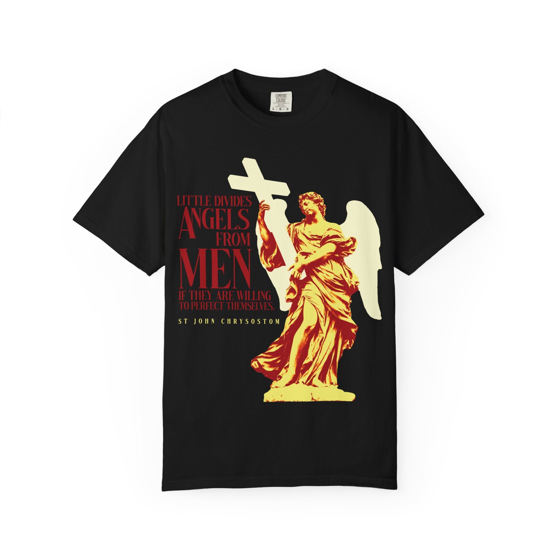Black "Little Divides Angels from Men If They Are Willing to Perfect Themselves" heavyweight cotton unisex tee, featuring a yellow statue of an angel holding a cross and bold red St. John Chrysostom quote—a striking Orthodox Christian reminder of virtue’s transformative heights.