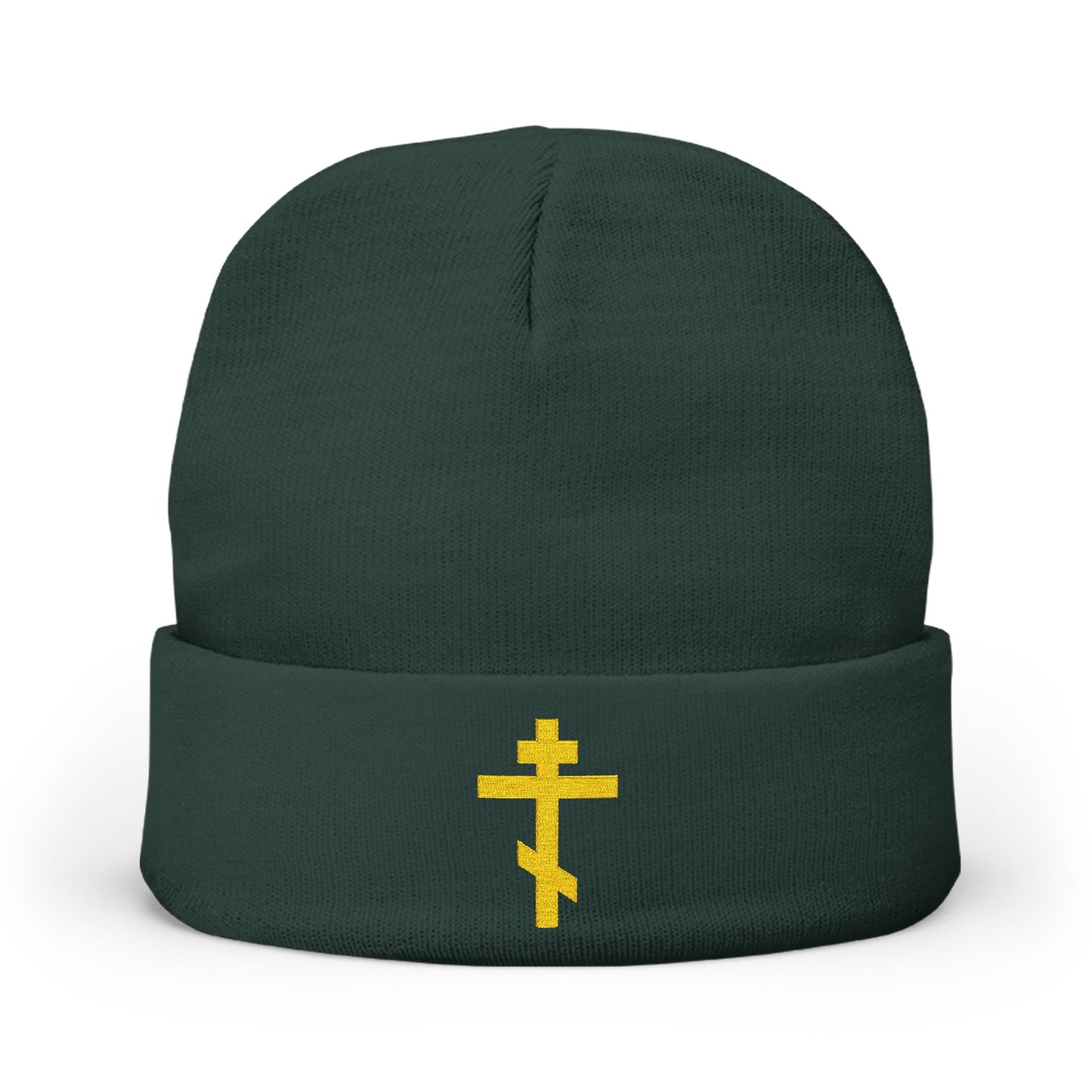 Dark green knit beanie featuring an embroidered yellow Orthodox TriBar Cross and the phrase "Nail My Passions to the Wood of Thy Precious Cross O Lord" on the front cuff.