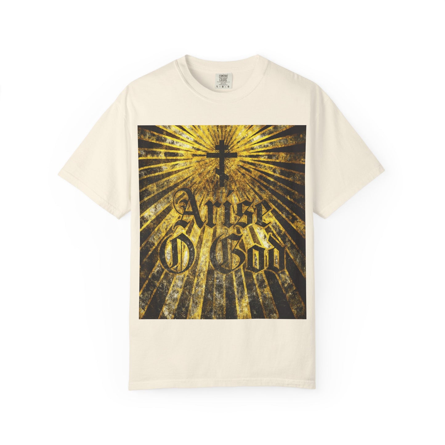 Arise O God | Psalm 81 (82 LXX) | Textured Gothic Font w/ Orthodox Cross & Golden Rays | Divine Council | Heavyweight Cotton Unisex T-Shirt