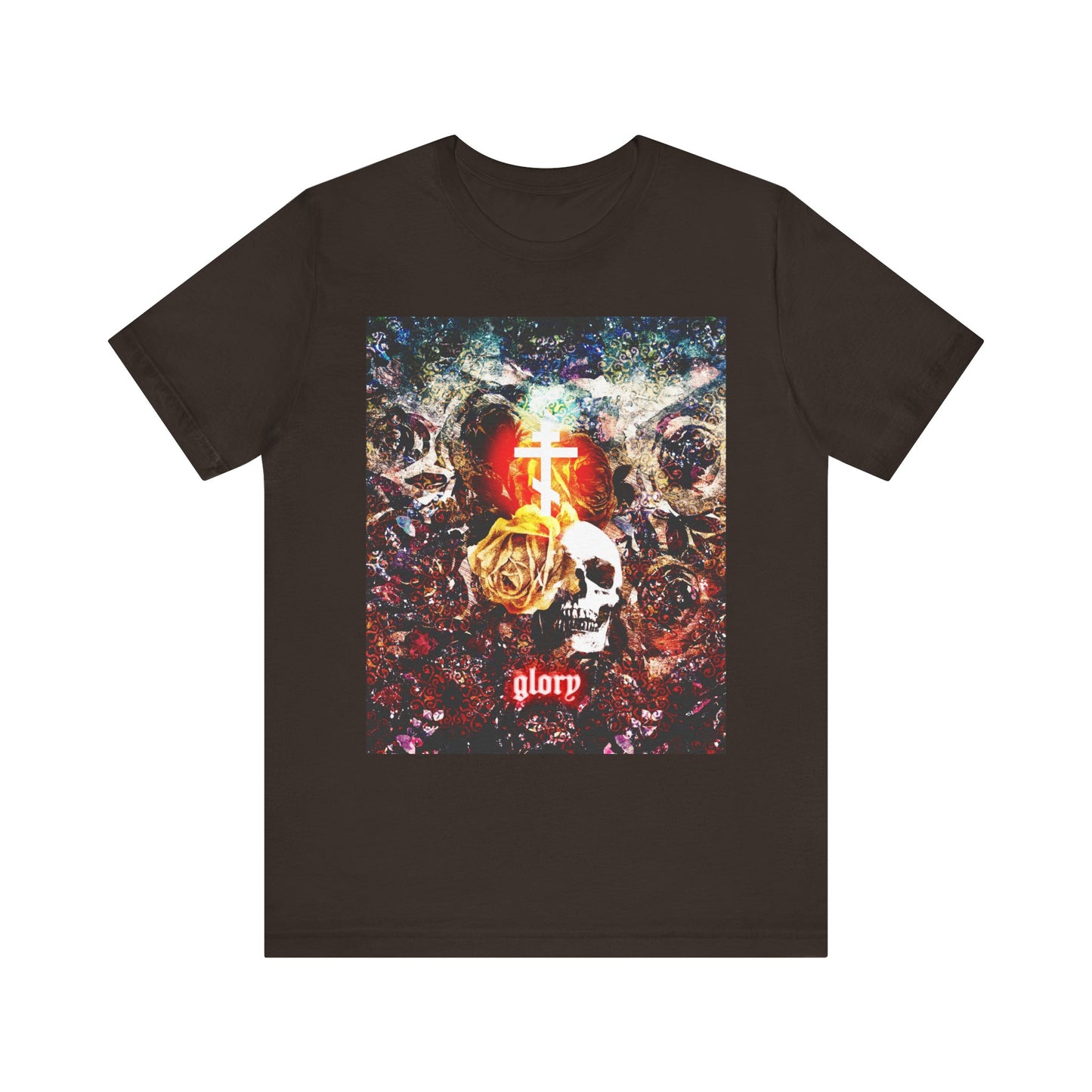 Brown unisex t-shirt featuring a lightweight cotton design with a vibrant graphic: skull, gold rose, glowing cross, and the word "glorp" at the bottom. This edgy piece—titled "Now the Son of Man is Glorified (John 13:31)"—draws inspiration from themes of Orthodox Christianity and iconic moments like Jesus' betrayal by Judas Iscariot.