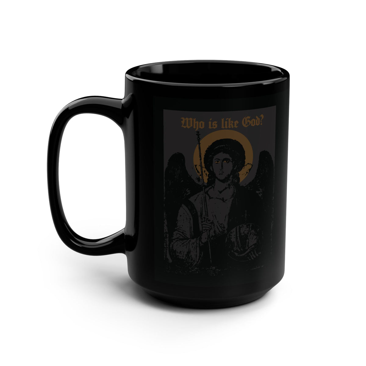 Sure! Here’s a rewritten version using your product data: Sip your favorite drink from the “Who Is Like God? Archangel Michael Icono-Graphic w/ Cross on Front Left Breast” black mug, featuring a striking black and bronze design—perfect for any Orthodox or Goth Christian.