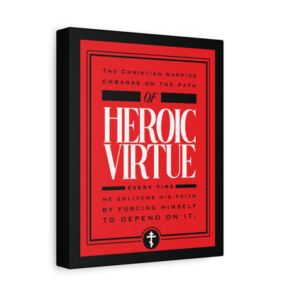 A red and black canvas wall art titled "Christian Warrior | Path of Heroic Virtue" features a devotional quote from Phil 4:13, highlighting the faith and strength found in the ascetic ethos of true Christian warriors.