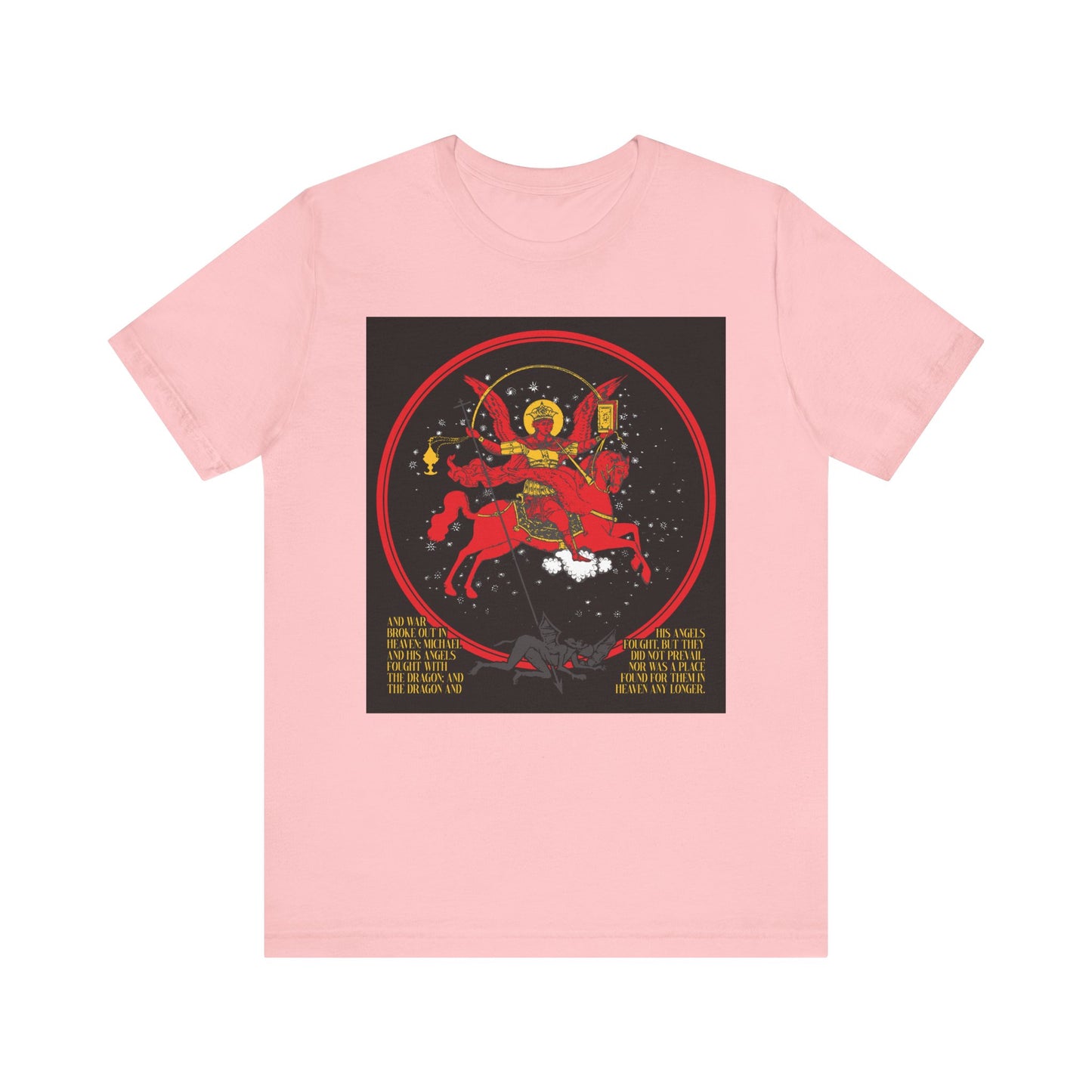 Pink "Archangel Michael of the Apocalypse" iconographic unisex t-shirt in lightweight cotton, featuring a graphic of Michael on a red horse with a bow and arrow, inspired by Revelation 12:7-9. Double-sided design. "Death is Swallowed Up In Victory" bold text.