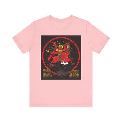 Pink "Archangel Michael of the Apocalypse" iconographic unisex t-shirt in lightweight cotton, featuring a graphic of Michael on a red horse with a bow and arrow, inspired by Revelation 12:7-9. Double-sided design. "Death is Swallowed Up In Victory" bold text.