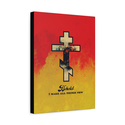 Behold, I Make All Things New (Revelation 21:5) | Cosmic Orthodox Cross on Red and Yellow Background | Orthodox Christian Canvas Art