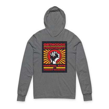 Orthodox Christianity: Martial Arts for Unseen Warfare | NIKA Jesus Fist on Colorful Sunburst Design | Orthodox Long Sleeve Hooded Shirt