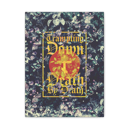 Trampling Down Death By Death | Paschal Floral Design with Gothic Script and Three-Bar Cross | Orthodox Christian Canvas Art