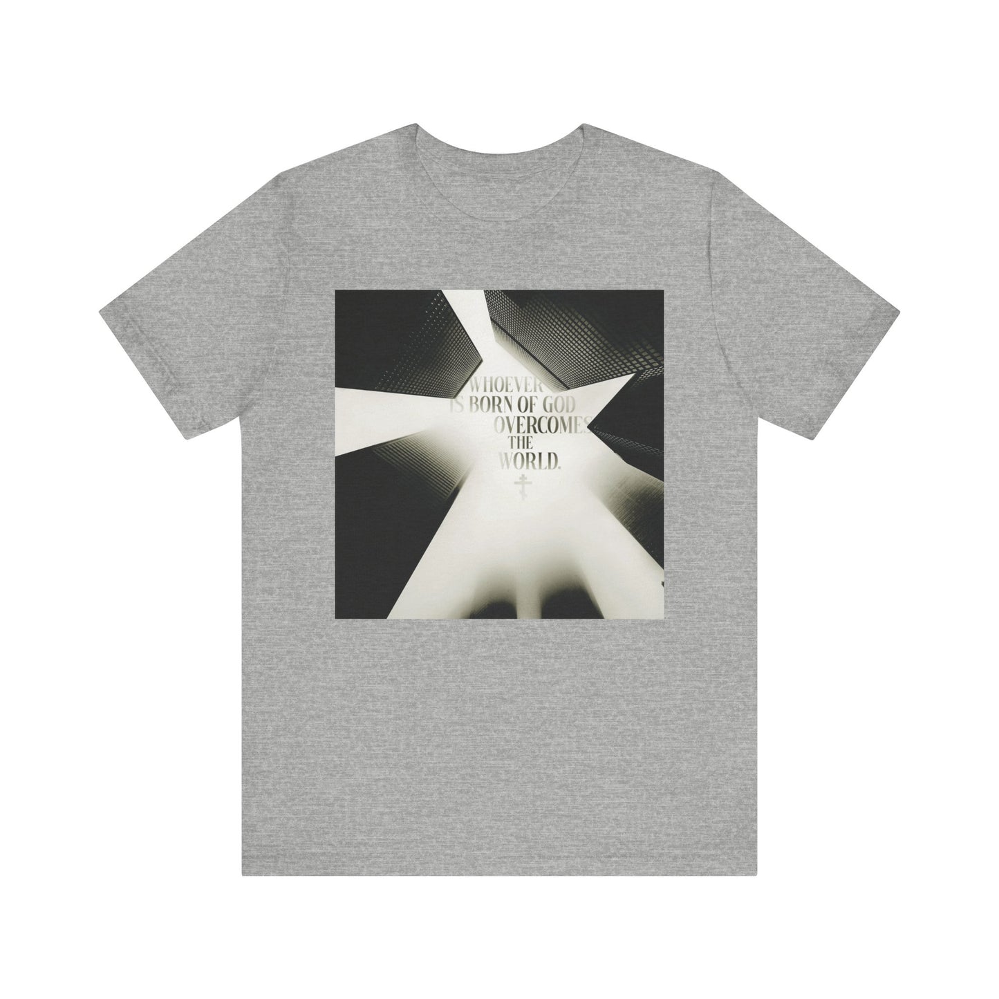Athletic Heather unisex lightweight cotton T-shirt featuring a modern cityscape design and the text “Whoever is Born of God Overcomes the World.” Inspired by 1 John 5:1-4, this Orthodox Christian shirt offers a subtle reminder that Jesus is the Christ.