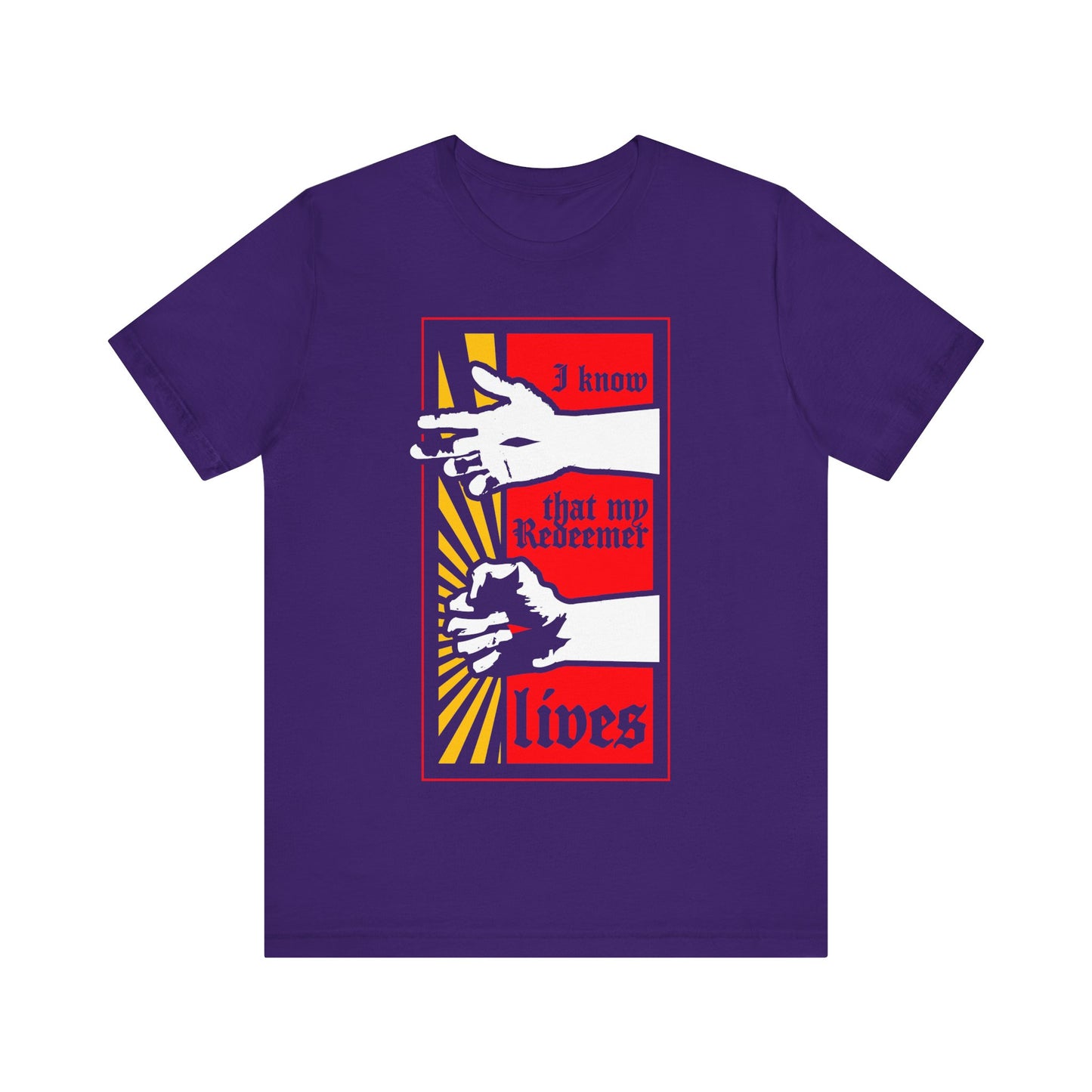 Team Purple "I Know That My Redeemer Lives" t-shirt features a comic book style of resurrected Jesus’s fist with divine power, inspired by Job 19:25 and Orthodox Christian faith.