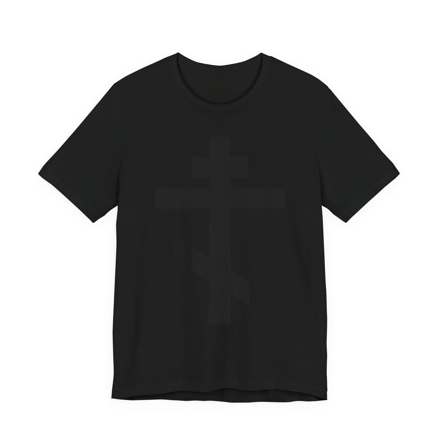 Black On Black Orthodox Cross lightweight cotton t-shirt in black, featuring a subtle cross design and "Preserve Thy People By Thy Cross, O Lord"—a unisex tee honoring the Saviour’s sacrifice.