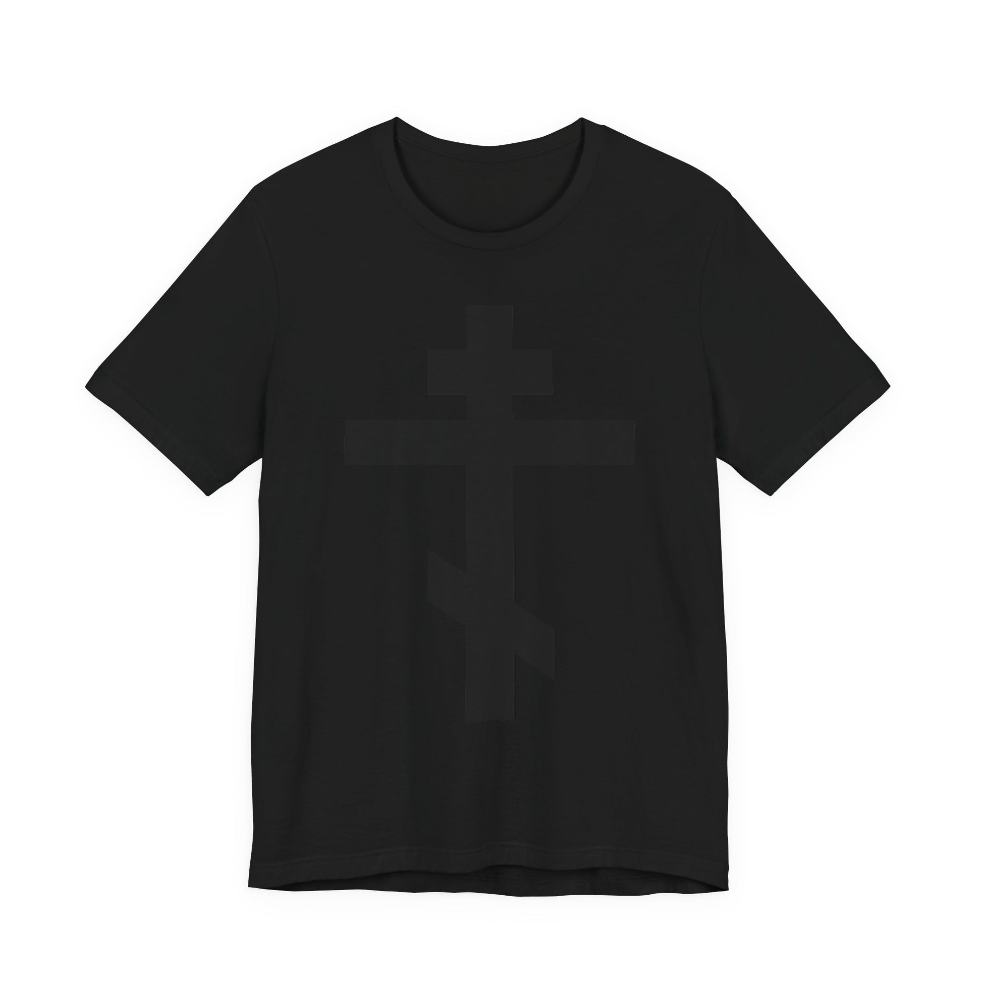 Black On Black Orthodox Cross lightweight cotton t-shirt in black, featuring a subtle cross design and "Preserve Thy People By Thy Cross, O Lord"—a unisex tee honoring the Saviour’s sacrifice.