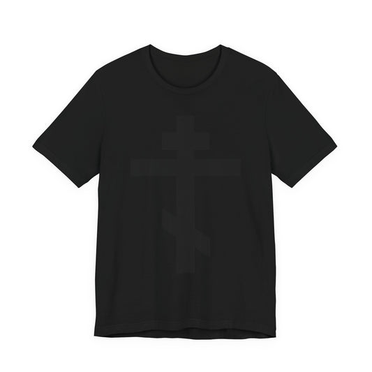 Black On Black Orthodox Cross lightweight cotton t-shirt in black, featuring a subtle cross design and "Preserve Thy People By Thy Cross, O Lord"—a unisex tee honoring the Saviour’s sacrifice.