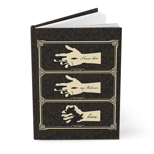 A journal cover featuring vintage hand illustration of the crucified Christ and the text "I Know That My Redeemer Lives" (Job 19:25) in earthtone Americana style—Orthodox Christian resurrection-themed.