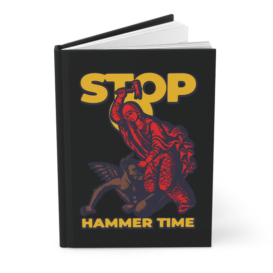 Notebook cover showcases St Marina of Antioch beating the devil with a hammer, styled in bold red, blue, and yellow, with the phrase "Stop, Hammer Time"—a modern Orthodox meme and Christian journal celebrating courage and faith.