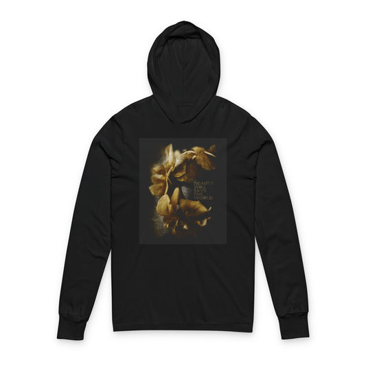 Black "Beauty Will Save the World" hooded shirt featuring Dostoevsky-inspired photographic artwork of Jesus Christ, glorifying Him as Universal Creator & King. Black with yellowish floral design and uplifting front text.