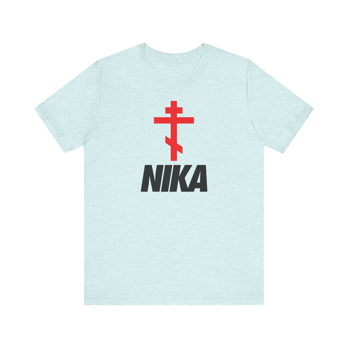 Heather Prism Ice Blue tee featuring an Orthodox cross and Christogram above bold black "NIKA"—a modern mashup inspired by NIKE, blending minimalist Christian design with athletic ascetic style. Lightweight cotton unisex shirt.