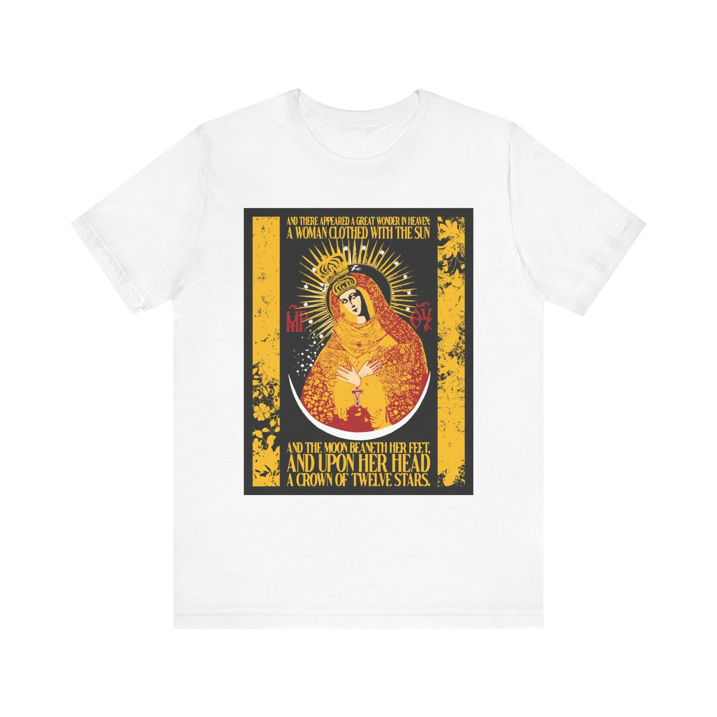 White t-shirt featuring Our Lady the Gate of Dawn in a gold floral design, inspired by Rev 12:1 and titled Woman of the Apocalypse. Lightweight cotton unisex style.