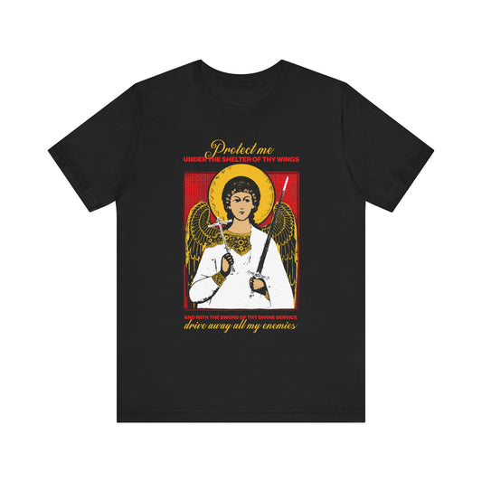 Black Holy Guardian Angel t-shirt showcases a sword & cross icono-graphic and protection prayer in red, yellow, and white—symbolizing divine defense. Made from lightweight cotton. Unisex fit.