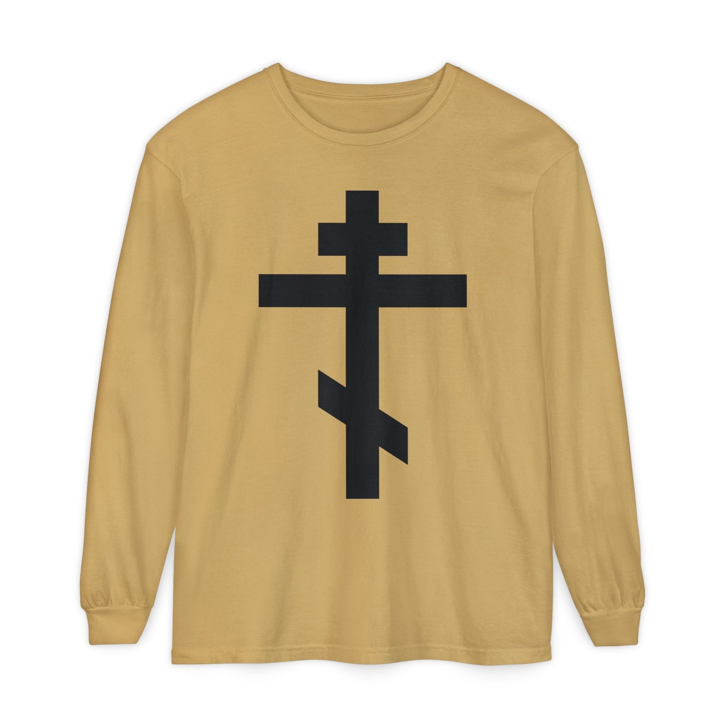 Mustard long-sleeve shirt featuring a bold black Orthodox cross and the quote "May I never boast, except in the cross of our Lord Jesus Christ" (Gal 6:14). Inspired by Orthodox tradition.