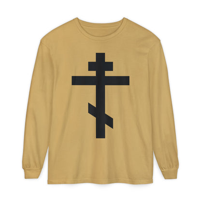 Mustard long-sleeve shirt featuring a bold black Orthodox cross and the quote "May I never boast, except in the cross of our Lord Jesus Christ" (Gal 6:14). Inspired by Orthodox tradition.