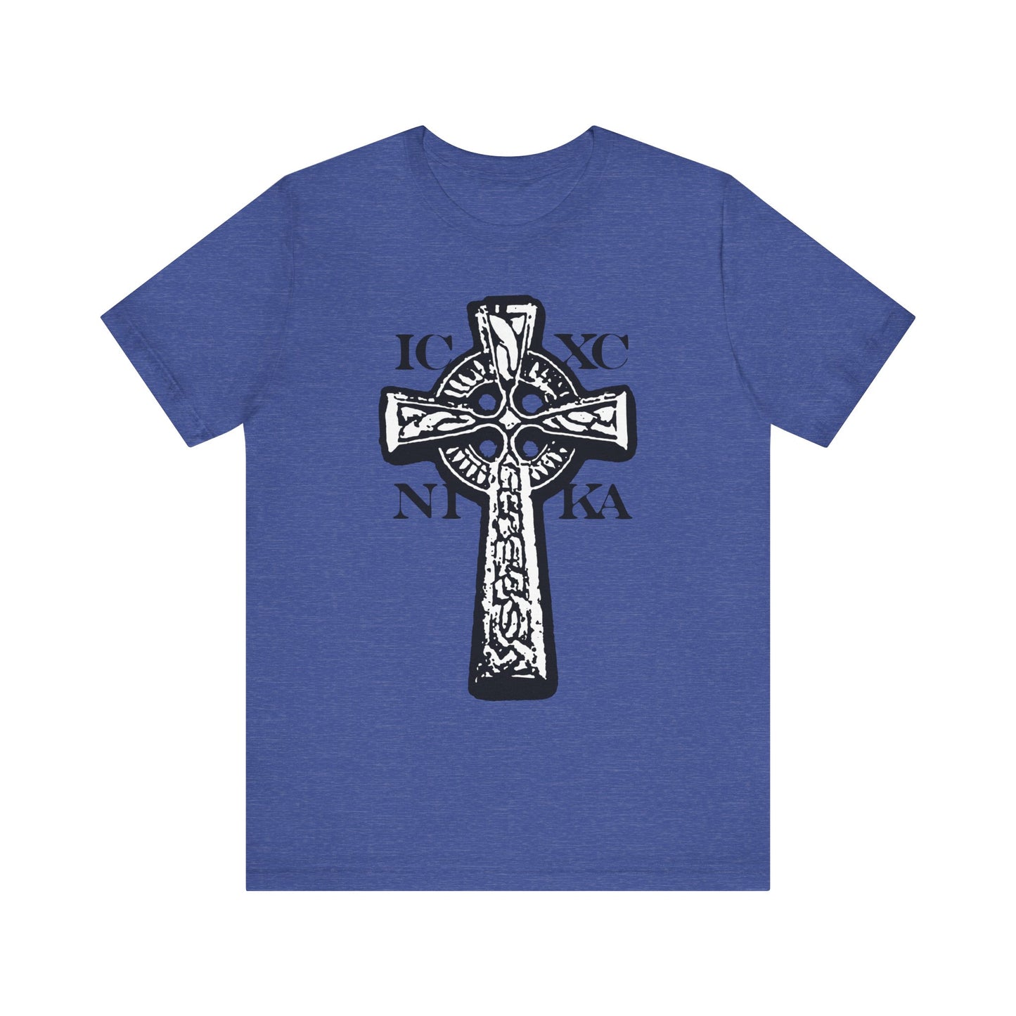 Heather true royal t-shirt featuring a large Celtic knotwork cross, symbolizing the Cross of our Saviour, with bold black and white Greek letters IC XC NIKA on a red background on the front.