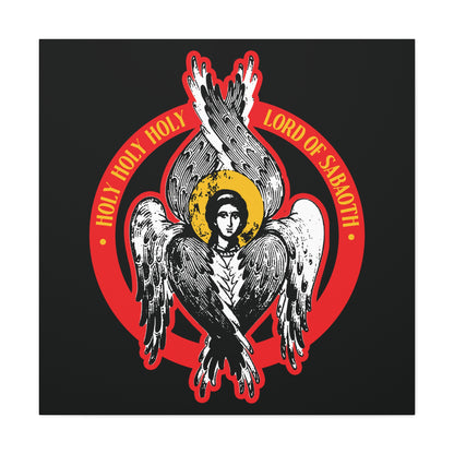The "Holy Holy Holy, Lord of Sabaoth" wall art features a six-winged Orthodox Seraphim angel with a human face and glowing halo, inspired by Isaiah 6, framed by red text and a red ring.