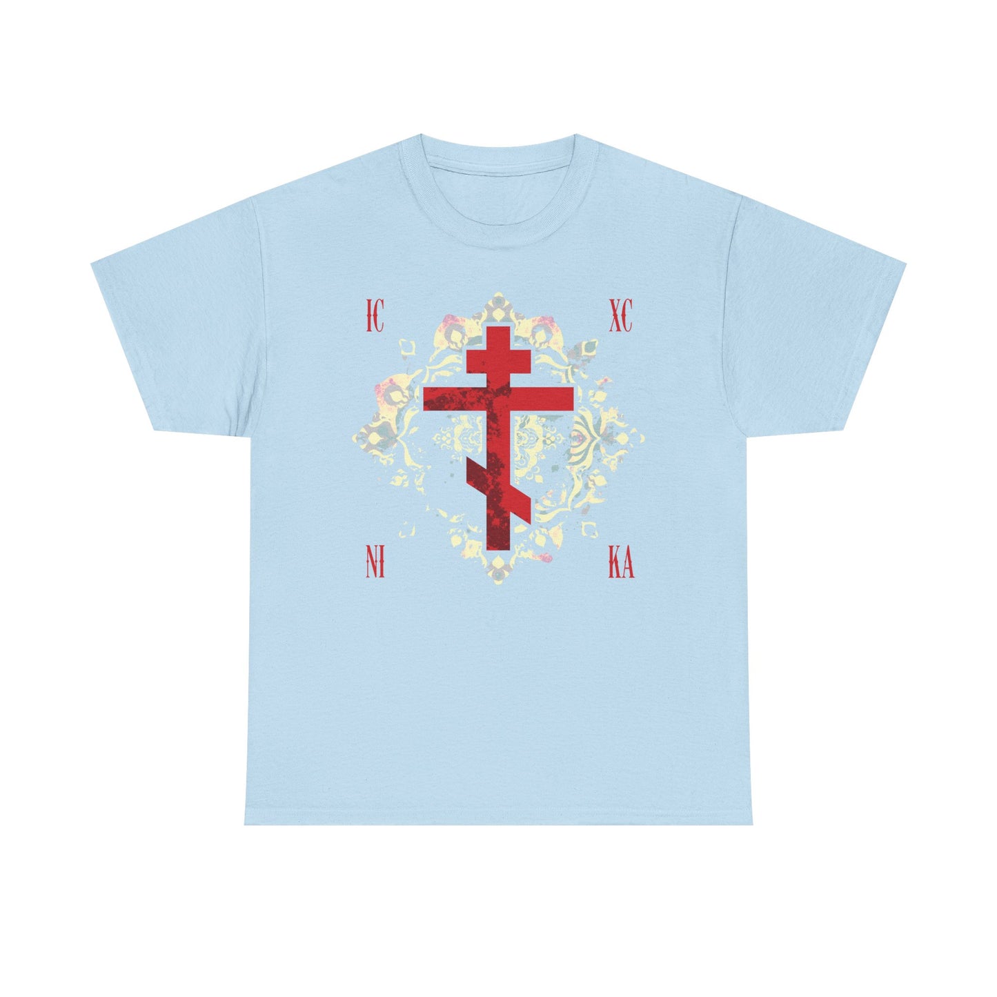 ICXC NIKA | Jesus Christ Conquers | Textured Red Orthodox Cross w/ Medieval Floral Background | Orthodox Midweight Cotton Unisex Tee