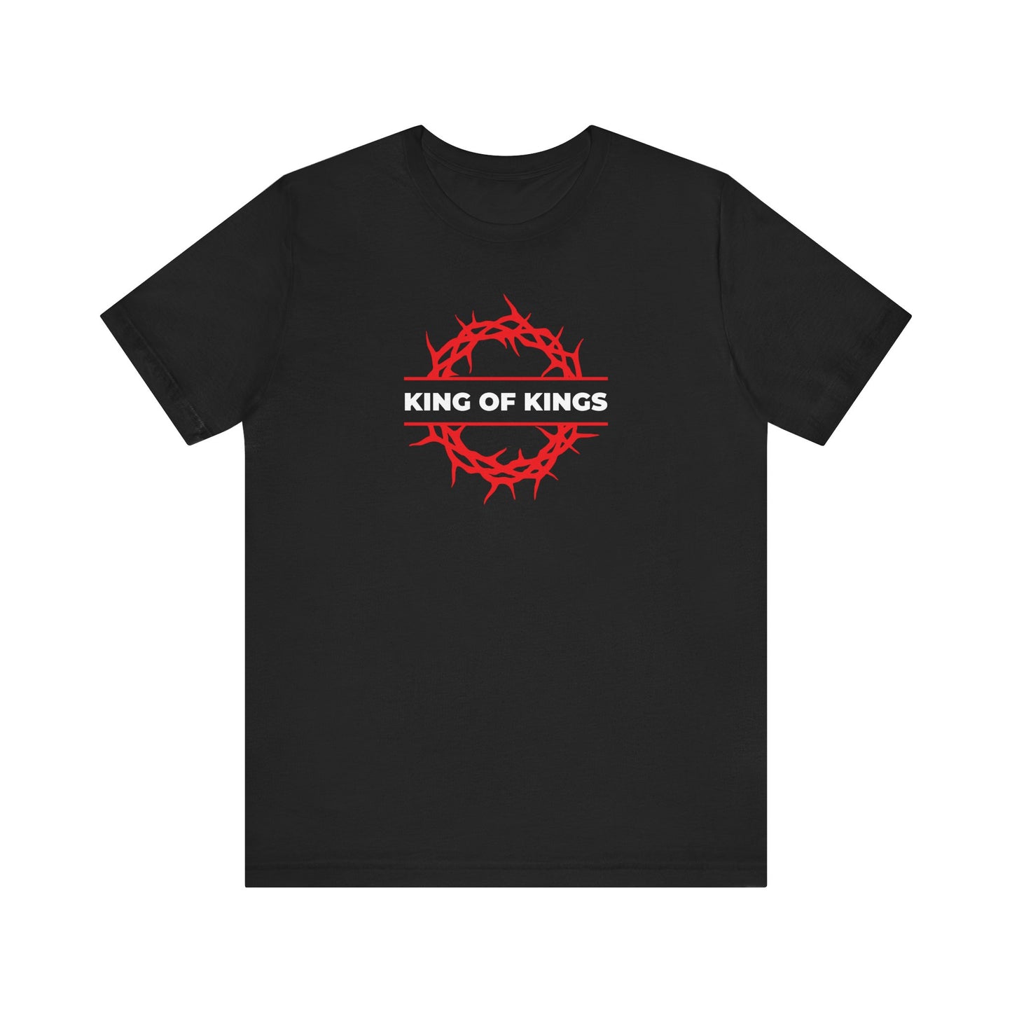 Black "King of Kings Crown of Thorns" Orthodox lightweight cotton unisex t-shirt featuring a red crown of thorns and bold white "KING OF KINGS" lettering across the chest, inspired by Revelation 19:16—affirming Christ as King of Glory.
