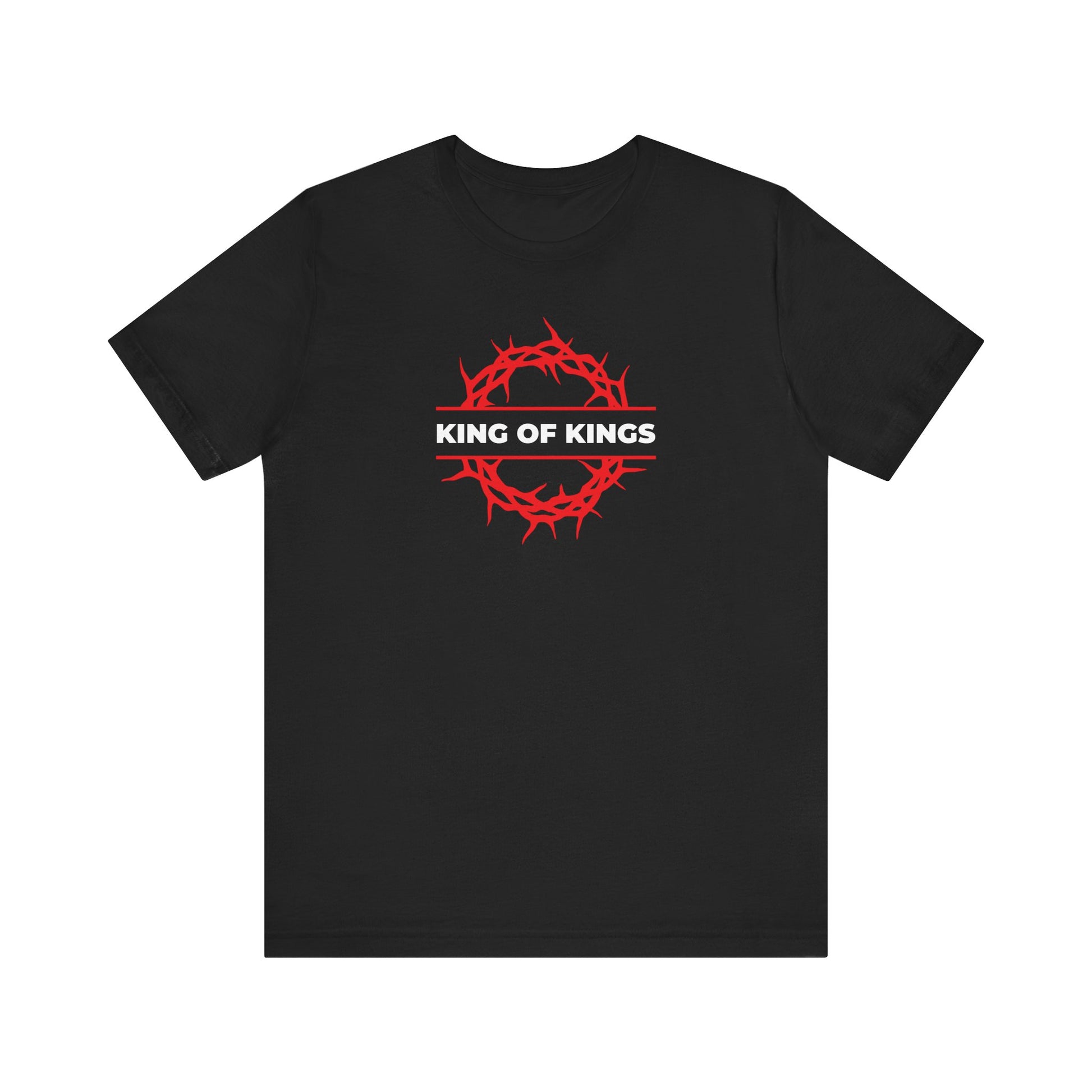 Black "King of Kings Crown of Thorns" Orthodox lightweight cotton unisex t-shirt featuring a red crown of thorns and bold white "KING OF KINGS" lettering across the chest, inspired by Revelation 19:16—affirming Christ as King of Glory.