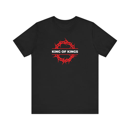 Black "King of Kings Crown of Thorns" Orthodox lightweight cotton unisex t-shirt featuring a red crown of thorns and bold white "KING OF KINGS" lettering across the chest, inspired by Revelation 19:16—affirming Christ as King of Glory.