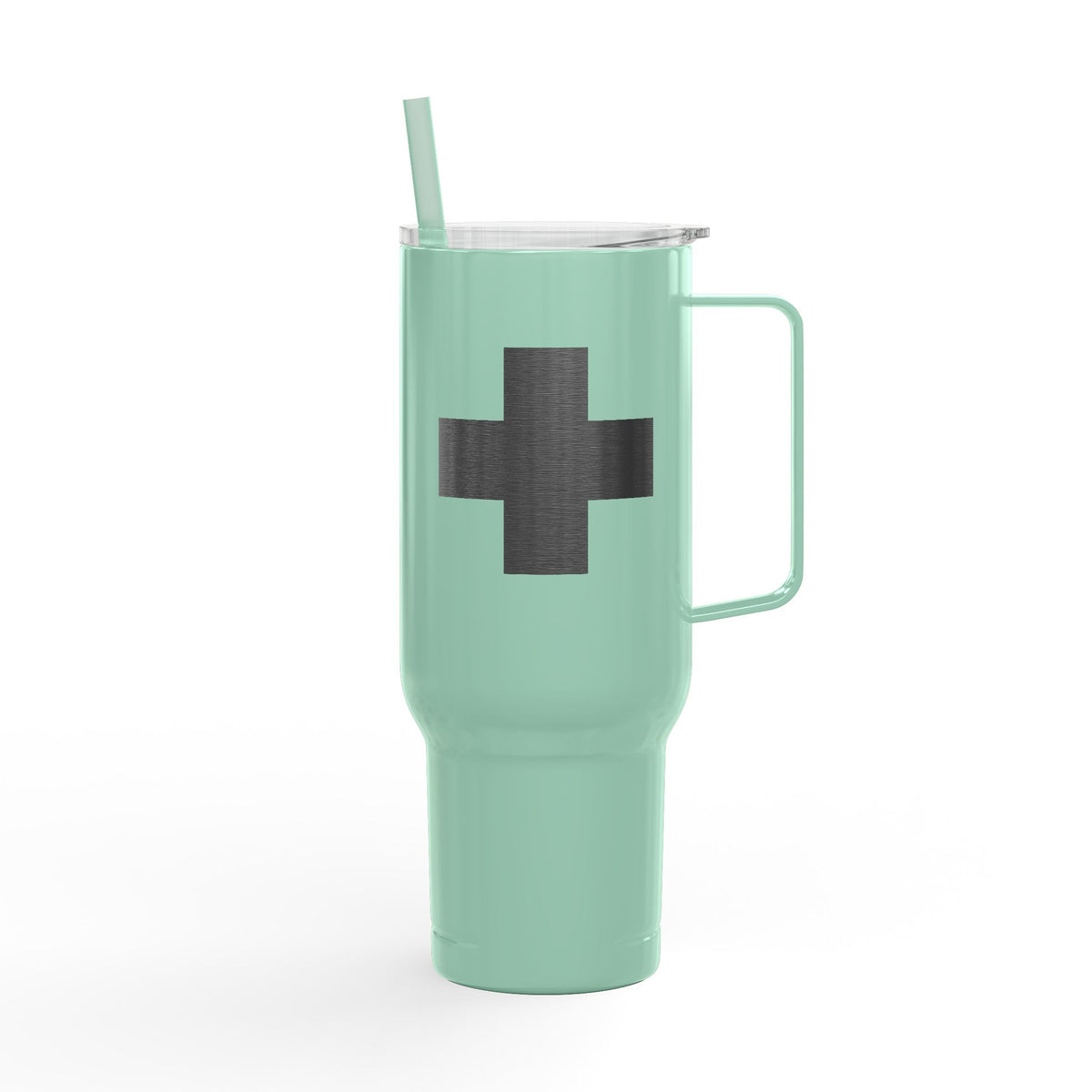 Minimalist Cross Engraved 40oz Koozie Tumbler in mint green with a handle, inspired by the Exaltation of the Cross celebrated by Orthodox Christians, includes a clear lid and straw; shown on a white background. This insulated stainless steel accessory is perfect for home or travel.