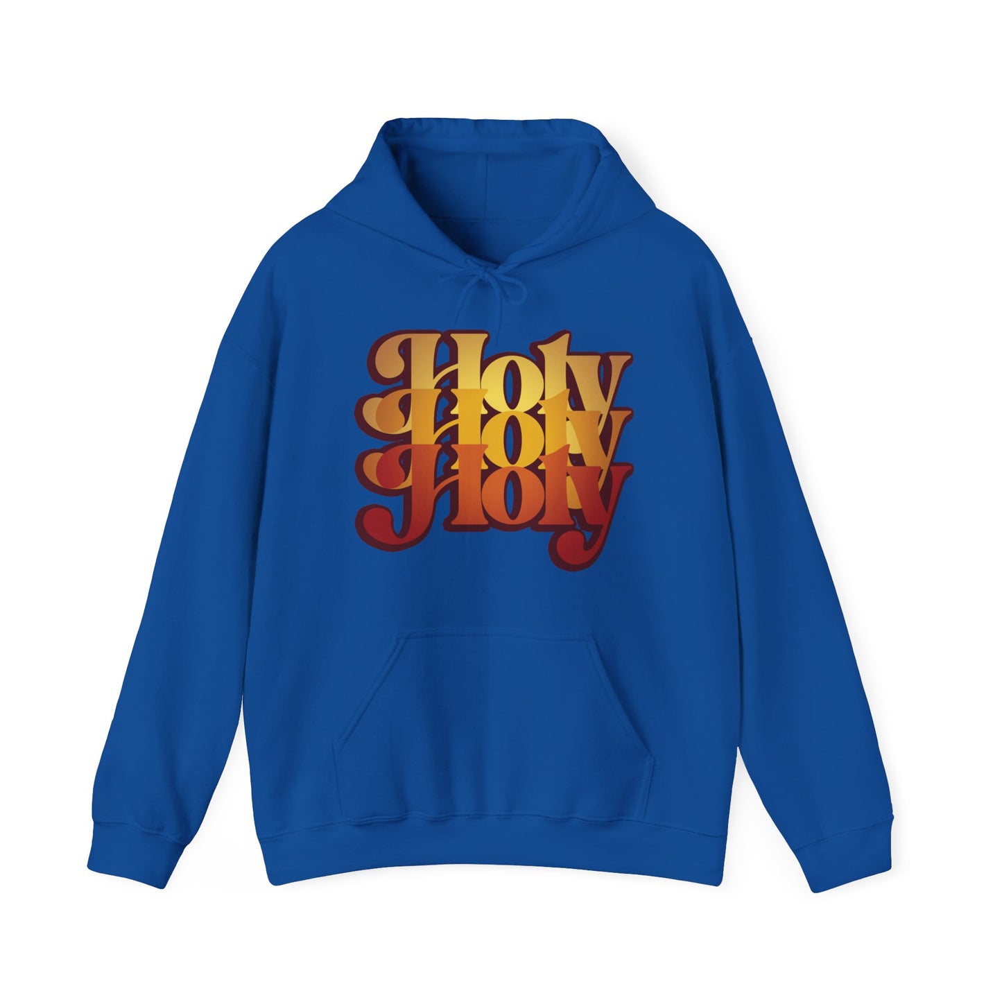 Royal hoodie featuring "Holy Holy Holy" in bold, 70s-style orange and yellow lettering inspired by Isaiah 6:1-3. The design draws from Orthodox Christian liturgical prayers, referencing cherubim and seraphim.