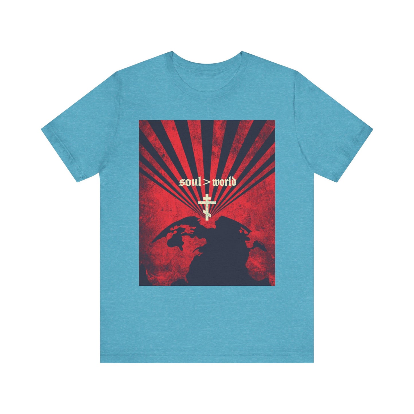 Heather aqua t-shirt featuring a red earth design with a white cross and "Soul > World" text on the front, inspired by Jesus’ words in Matthew 16:26: "What Shall it Profit a Man." Lightweight cotton unisex tee.