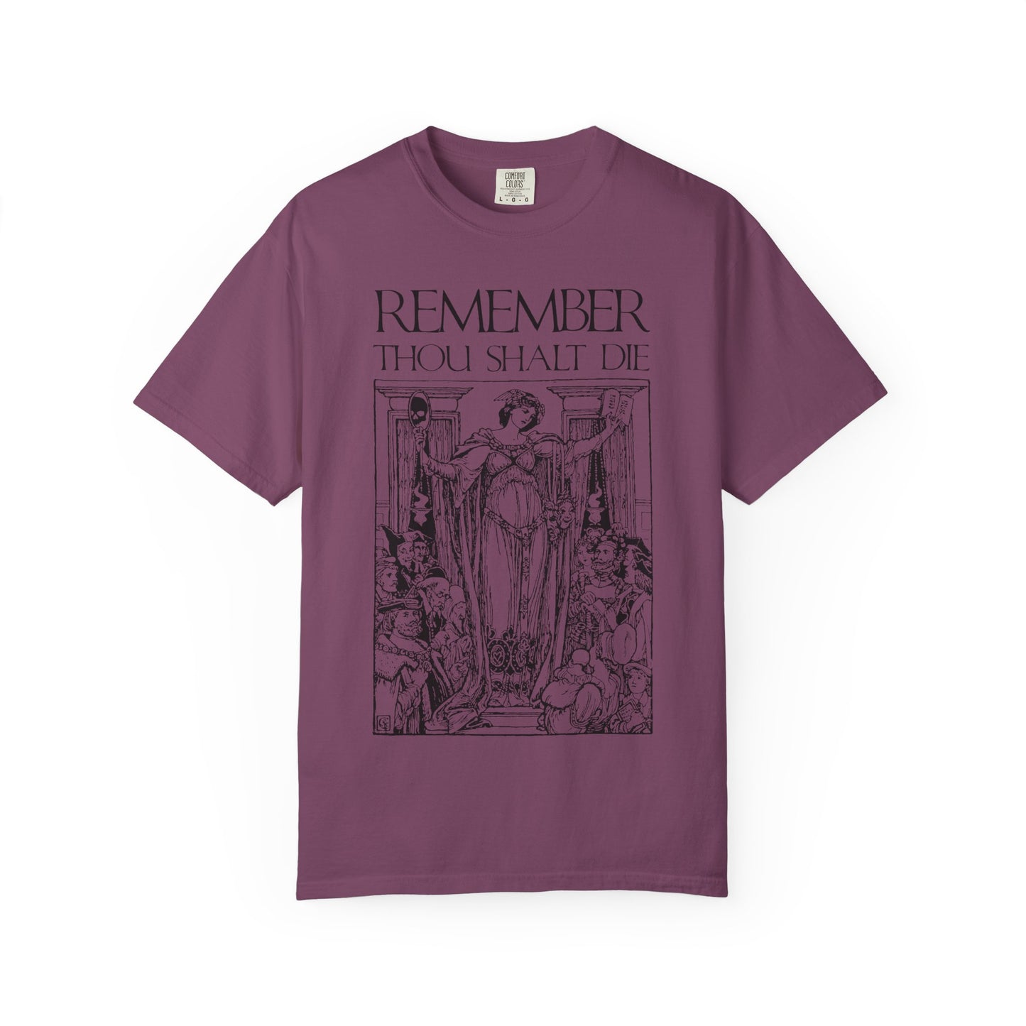 Berry tee featuring a classic woodcut illustration and “Remember You Will Die” in Shakespearean style—a memento mori inspired by Christian tradition, printed on heavyweight cotton for lasting comfort.