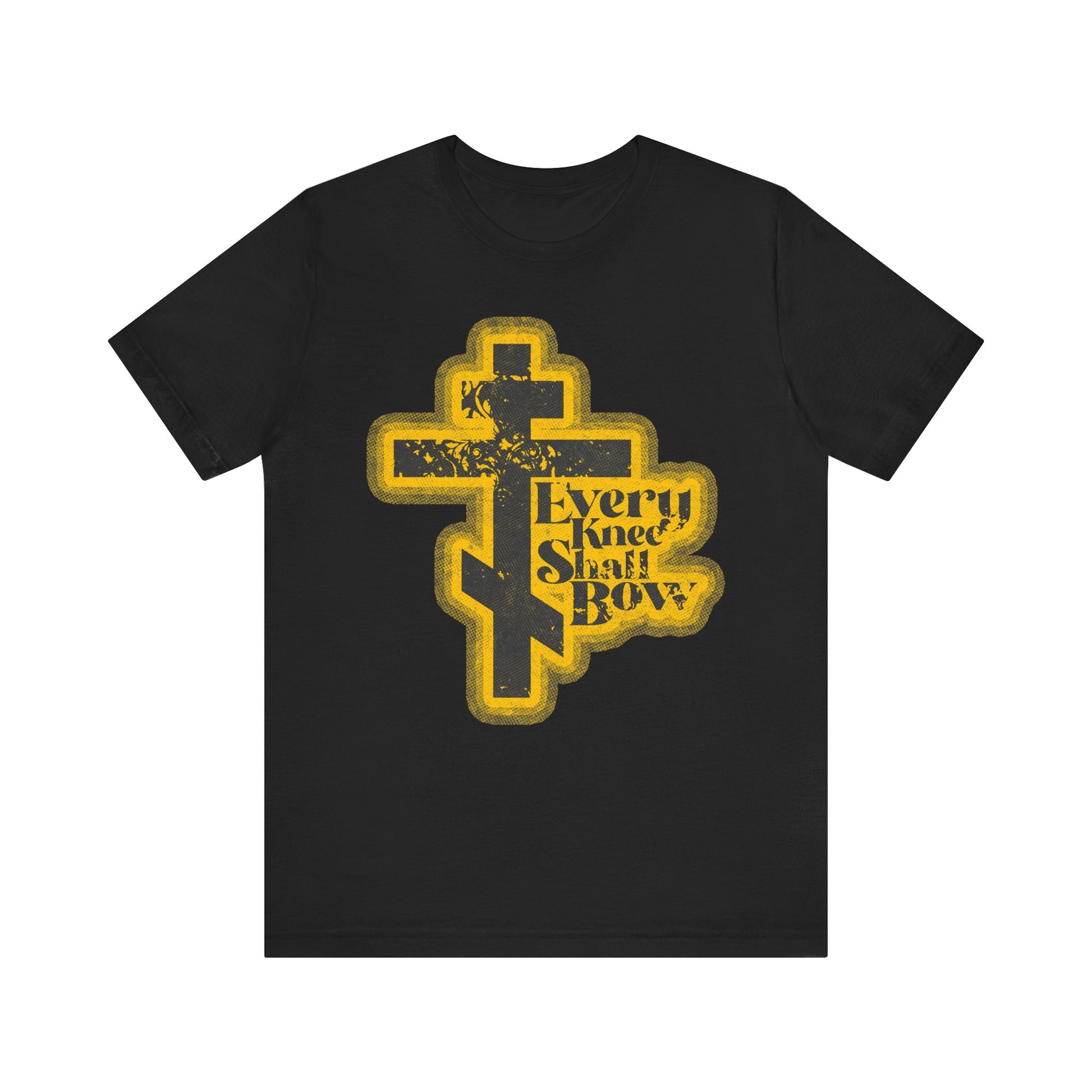 Black lightweight cotton unisex tee featuring a 70s distressed halftone comic book design with "Every Knee Shall Bow" text, inspired by Philippians 2:10-11 and Isaiah 45:23.