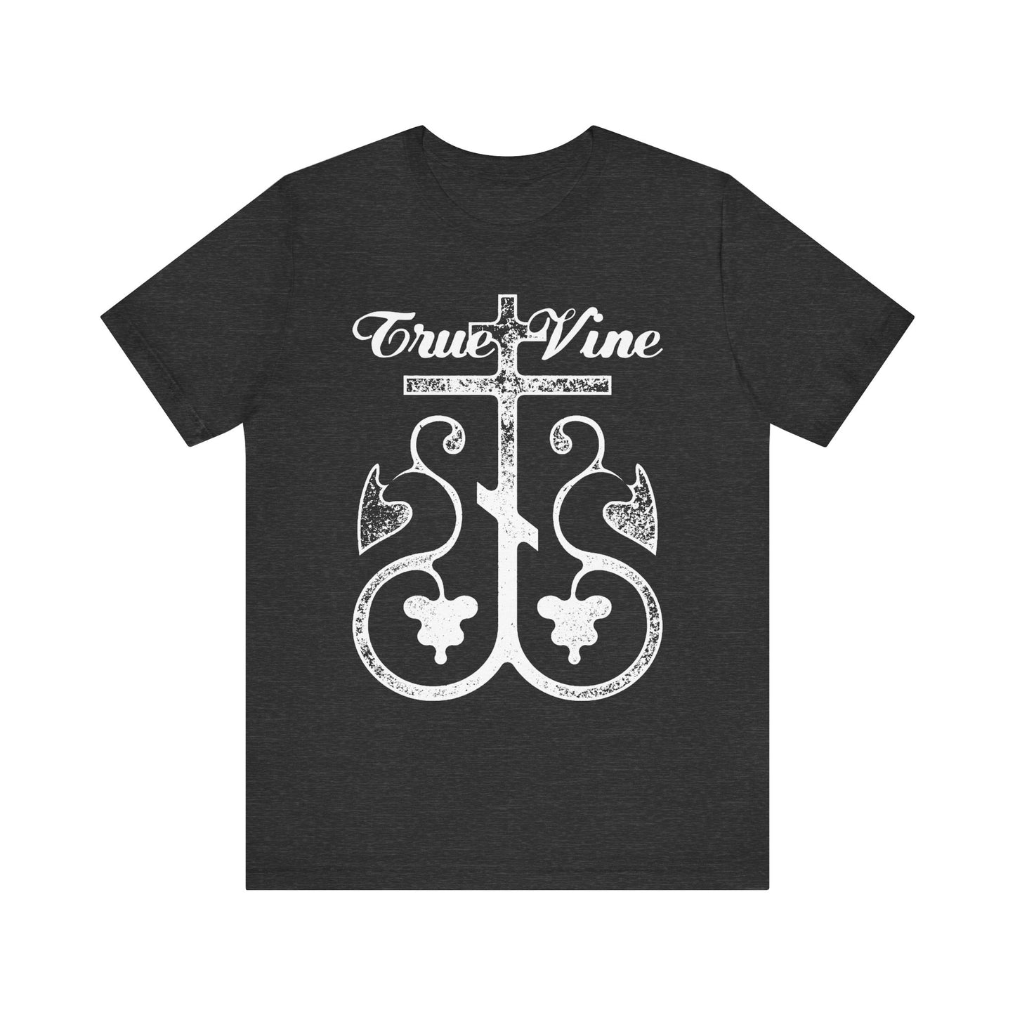 Dark Grey Heather t-shirt showcasing a photocopy-effect Orthodox cross with grape vine and "I Am the True Vine"—a lightweight unisex cotton shirt inspired by John 15 and Ezekiel 15.